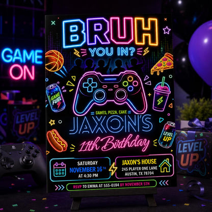 Neon Bruh Gaming 11th Birthday Invitation — invitation you personalize in Canva
