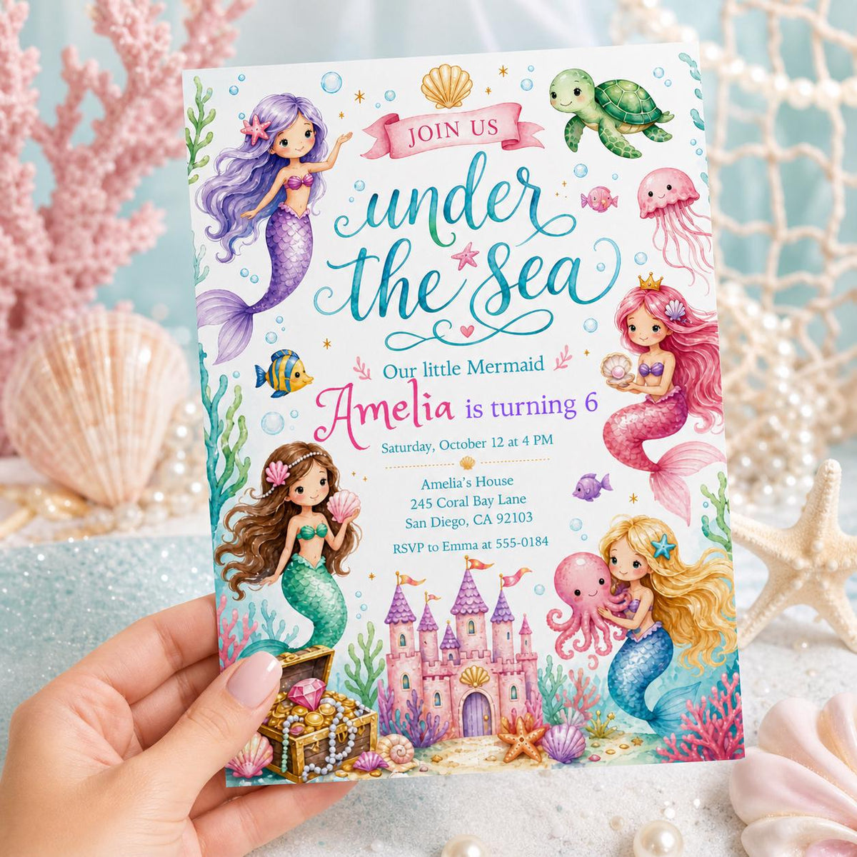 Mermaid Castle Under the Sea 6th Birthday Invitation — print-ready 6th birthday party design from VoltBy