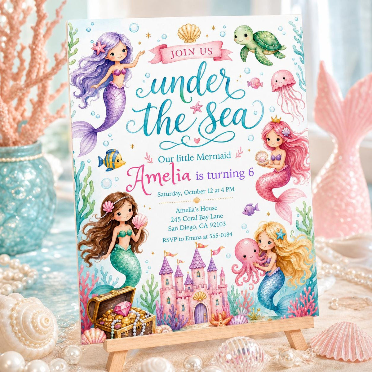 Mermaid Castle Under the Sea 6th Birthday Invitation — 6th birthday party stationery by VoltBy
