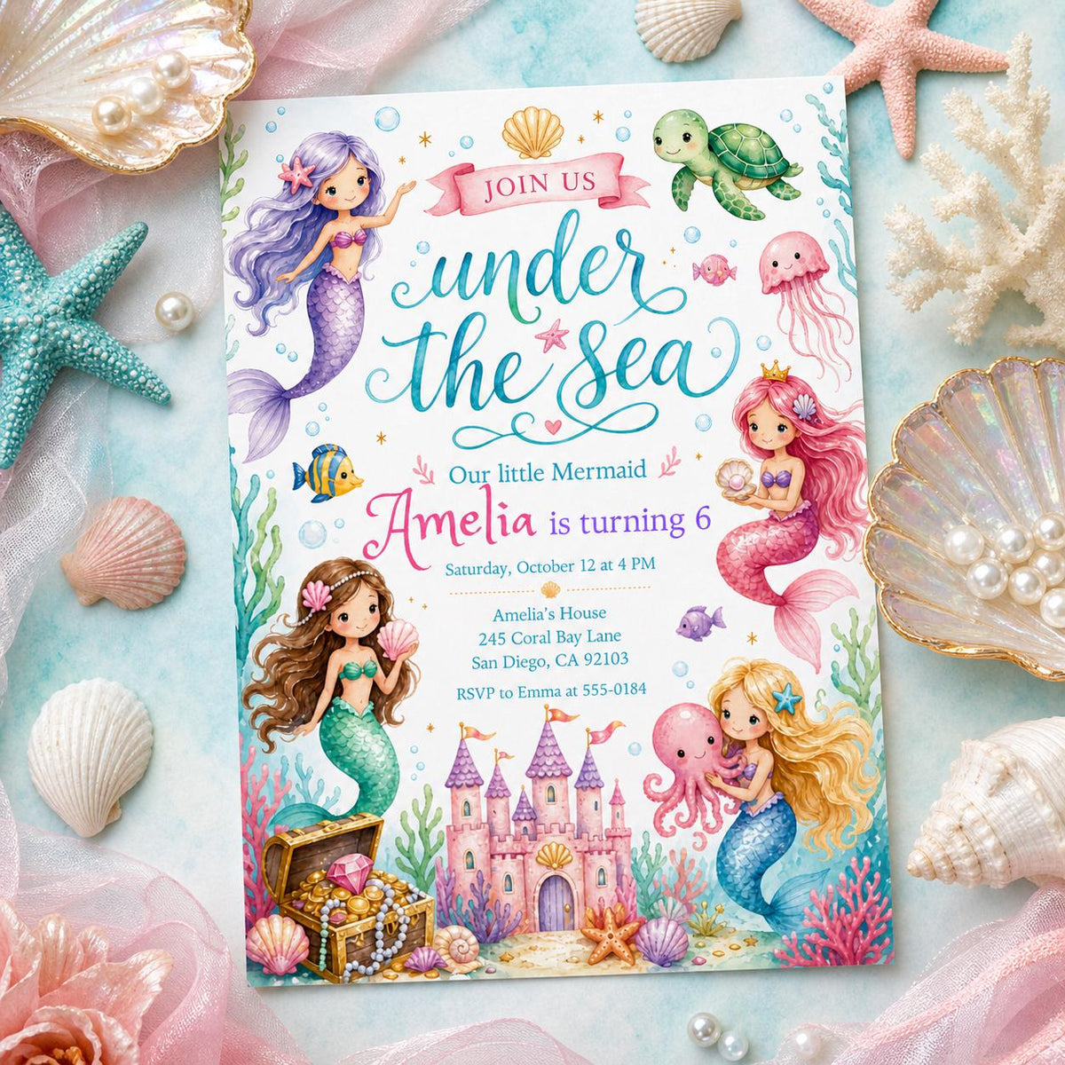 Mermaid Castle Under the Sea 6th Birthday Invitation in pink and purple