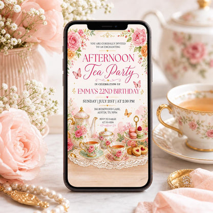 Afternoon Tea Birthday Invitation, Tea Party Birthday Invitation, Girl Par-tea Invite, Garden Tea Party Birthday Invite, Editable Canva __etsy:7984077562