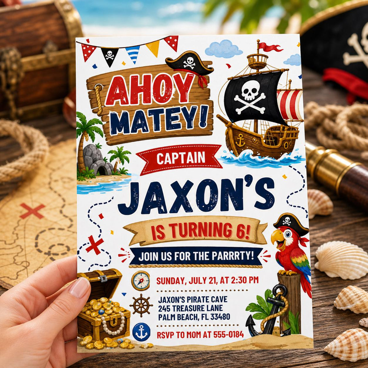 Ahoy Matey Pirate 6th Birthday Invitation with Ship and Parrot — invitation you personalize in Canva