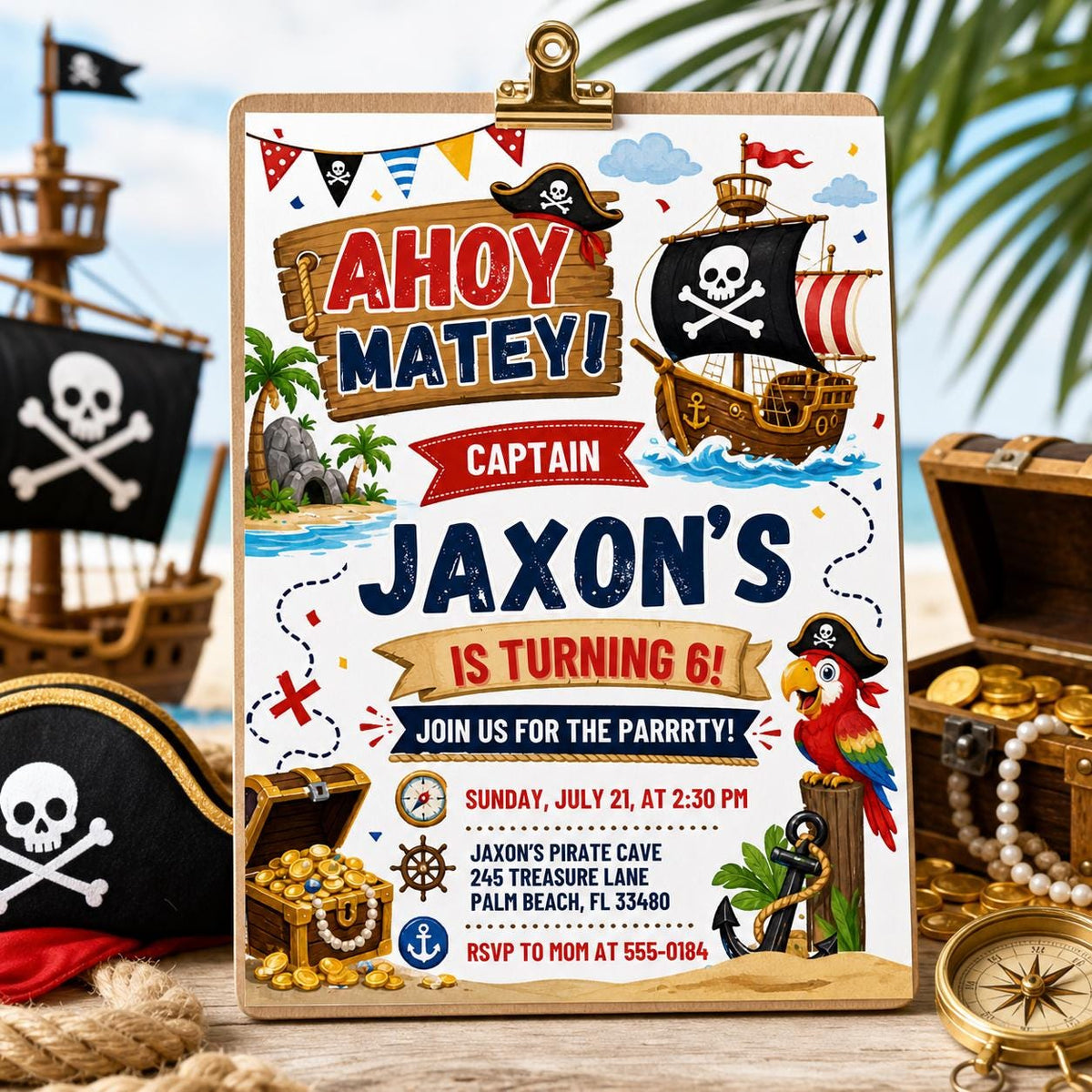 Ahoy Matey Pirate 6th Birthday Invitation with Ship and Parrot — print-ready 6th birthday party design from VoltBy