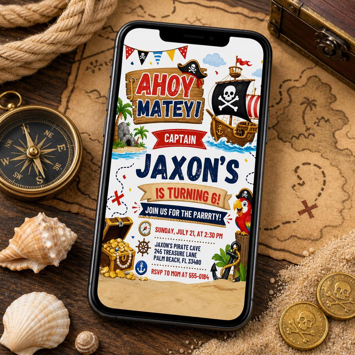 Ahoy Matey Pirate 6th Birthday Invitation with Ship and Parrot — skeleton artwork in blue red