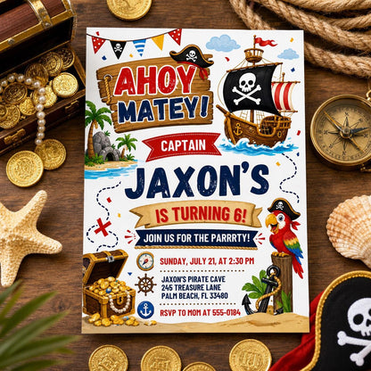 Ahoy Matey Pirate 6th Birthday Invitation with Ship and Parrot in blue red