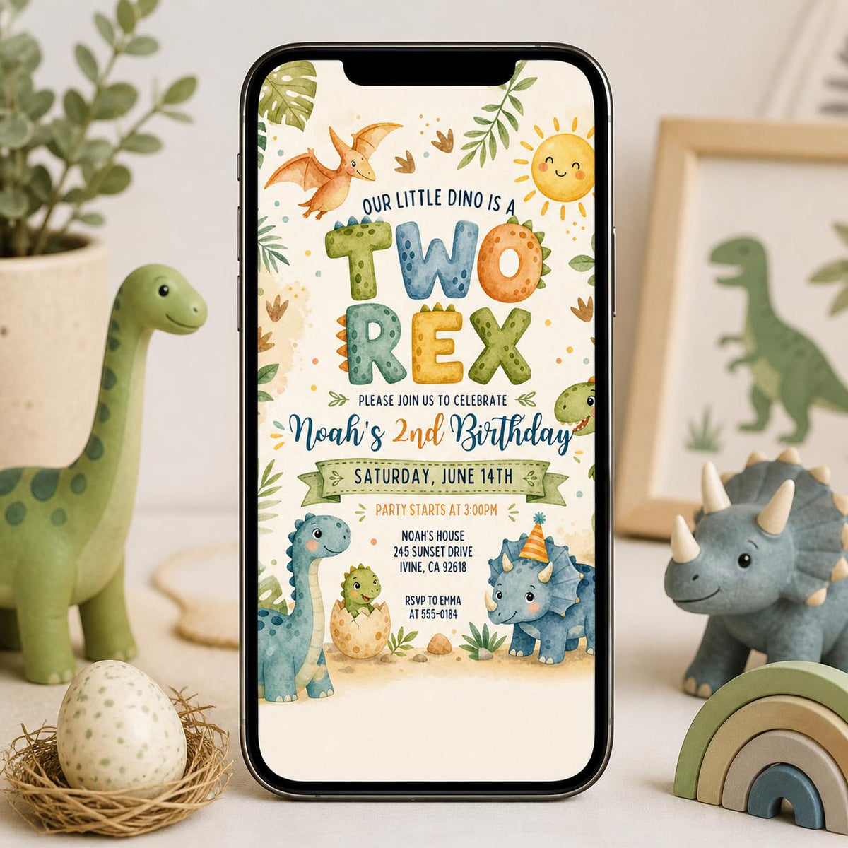 Pink and Purple Pastel Dinosaur 2nd Birthday Invitation — print-ready 2nd birthday party design from VoltBy