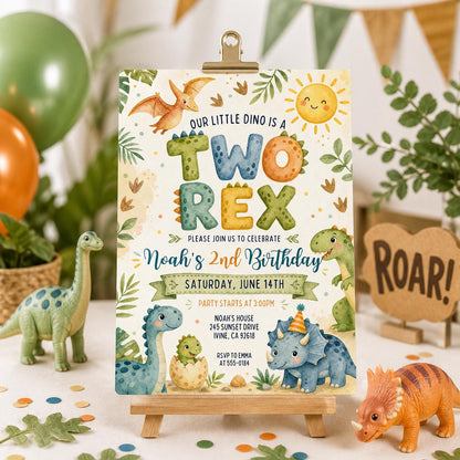 Pink and Purple Pastel Dinosaur 2nd Birthday Invitation — digital invitation, instant download