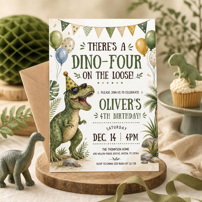 Dino-Four 4th Birthday Invitation with Party Dinosaur — invitation you personalize in Canva
