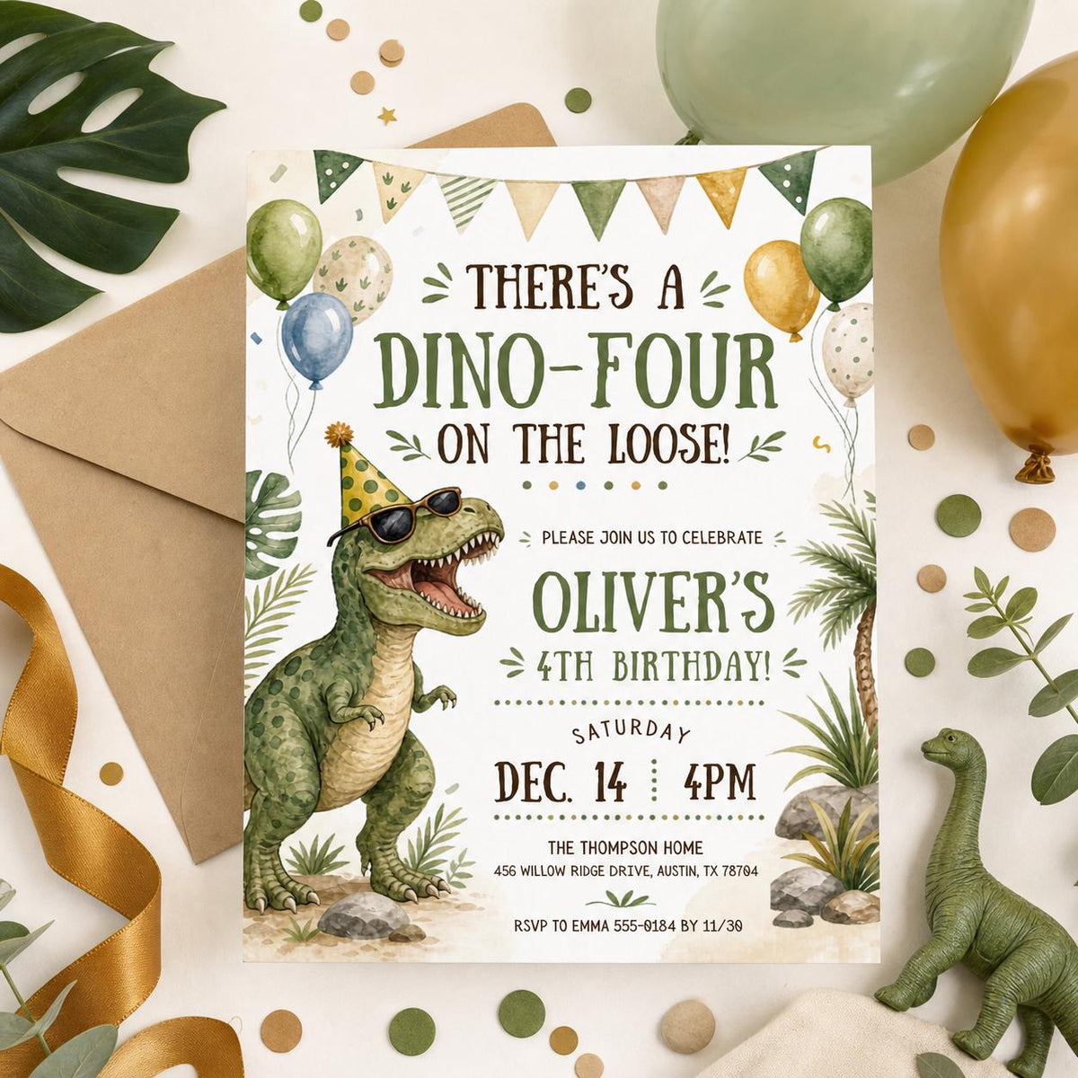 Dino-Four 4th Birthday Invitation with Party Dinosaur in cream and green