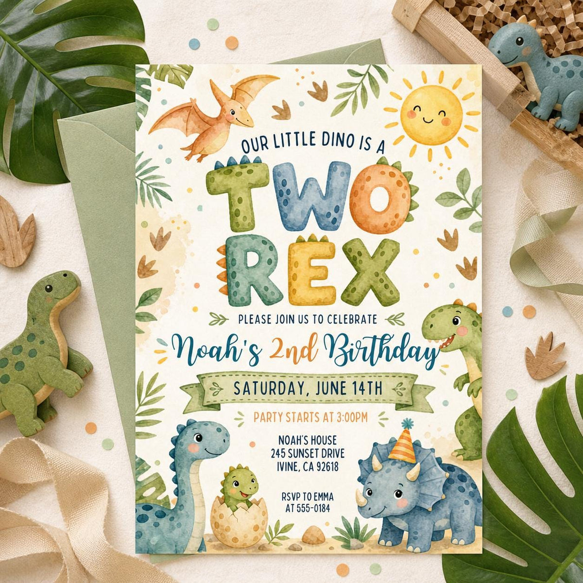 Pink and Purple Pastel Dinosaur 2nd Birthday Invitation — safari design