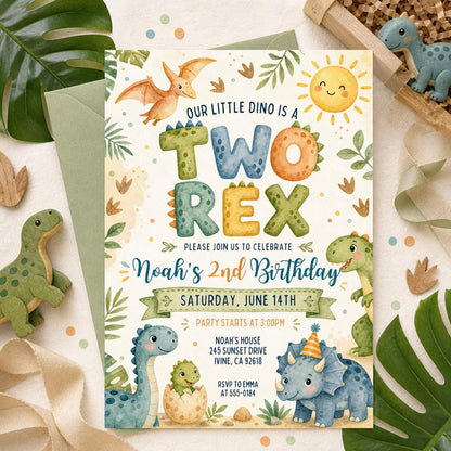 Pink and Purple Pastel Dinosaur 2nd Birthday Invitation — safari design