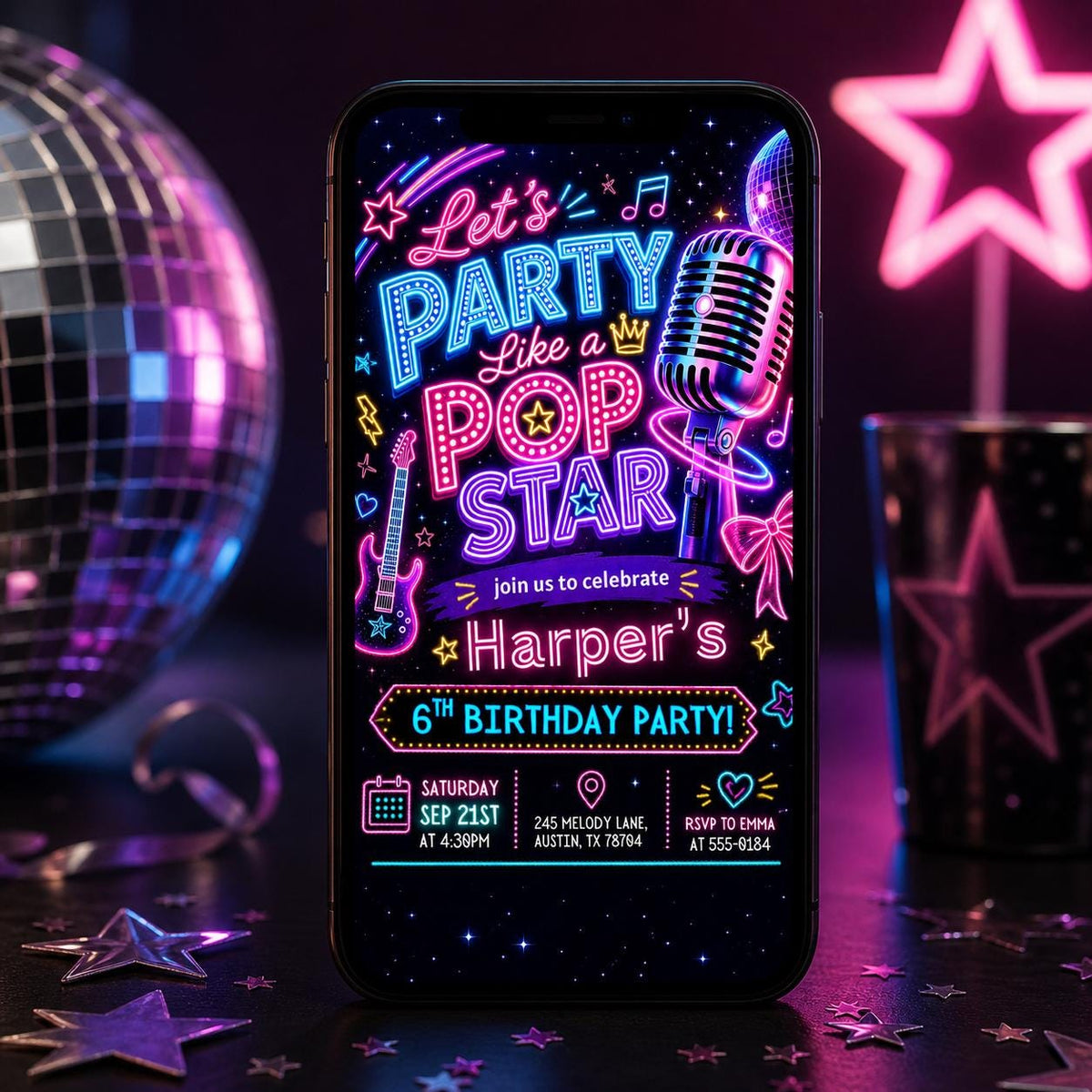 Neon Pop Star 6th Birthday Invitation with Microphone — invitation you personalize in Canva