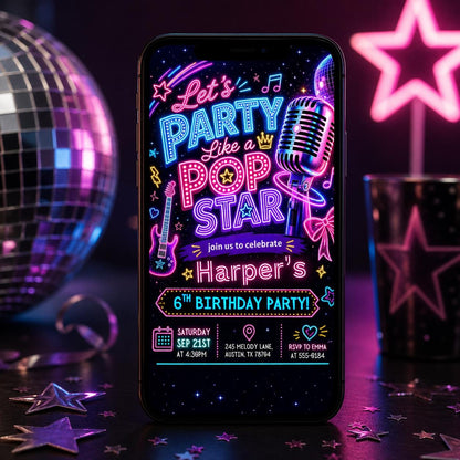 Neon Pop Star 6th Birthday Invitation with Microphone — invitation you personalize in Canva