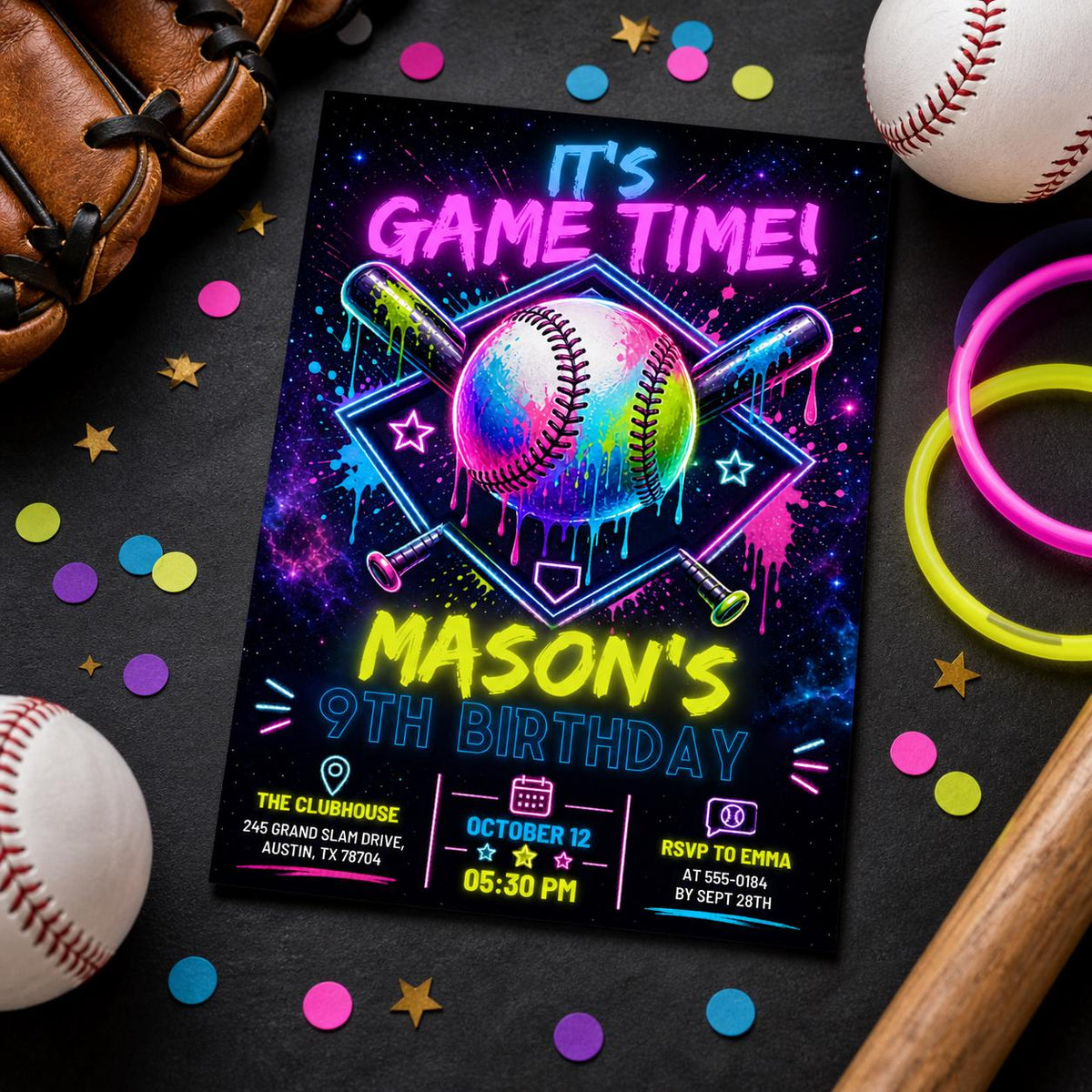 Neon Baseball 9th Birthday Invitation in black and blue