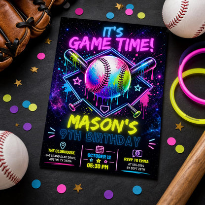 Neon Baseball 9th Birthday Invitation in black and blue