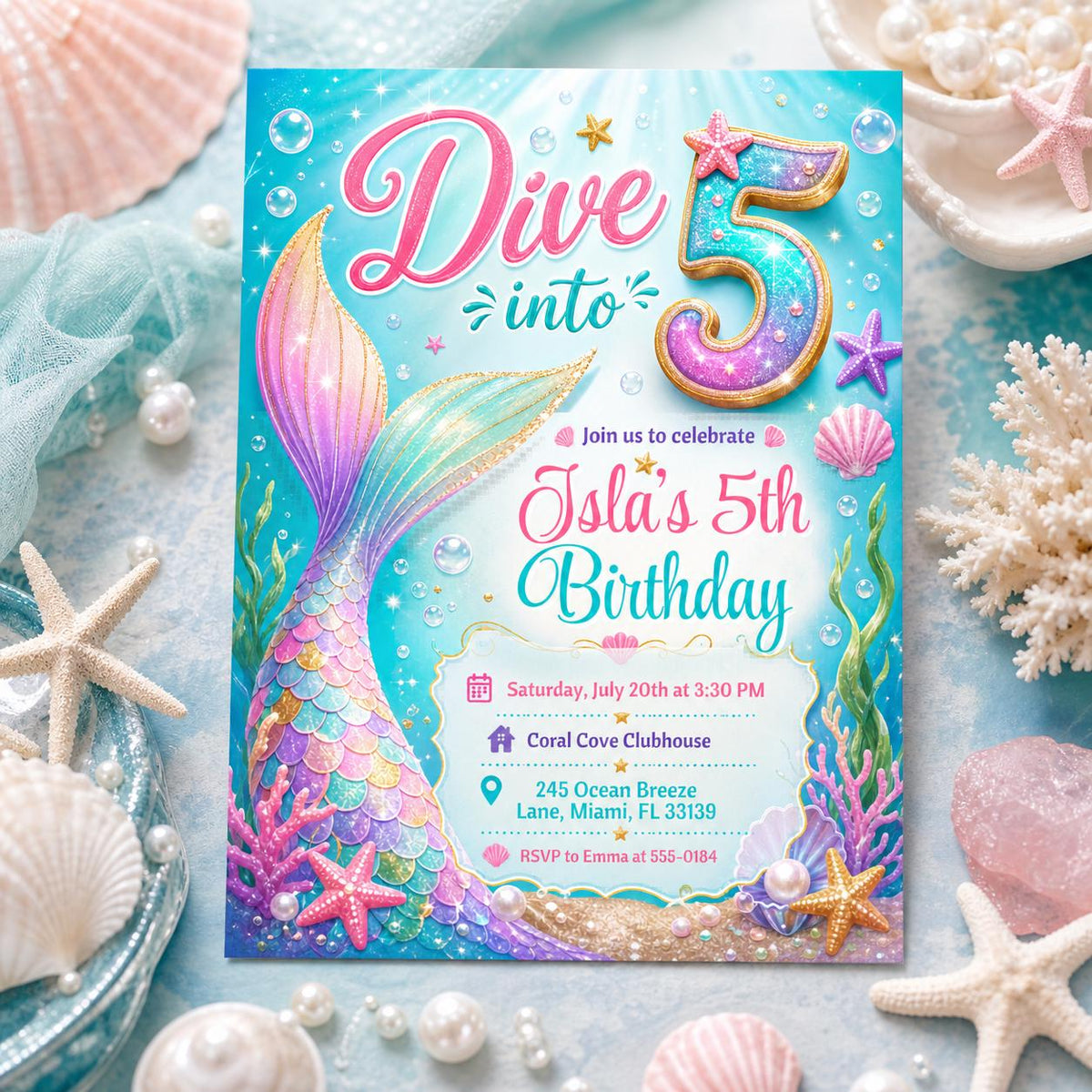 Dive into Five Mermaid Tail Birthday Invitation in gold and pink