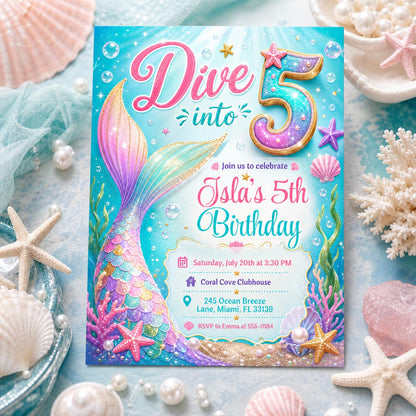 Dive into Five Mermaid Tail Birthday Invitation in gold and pink