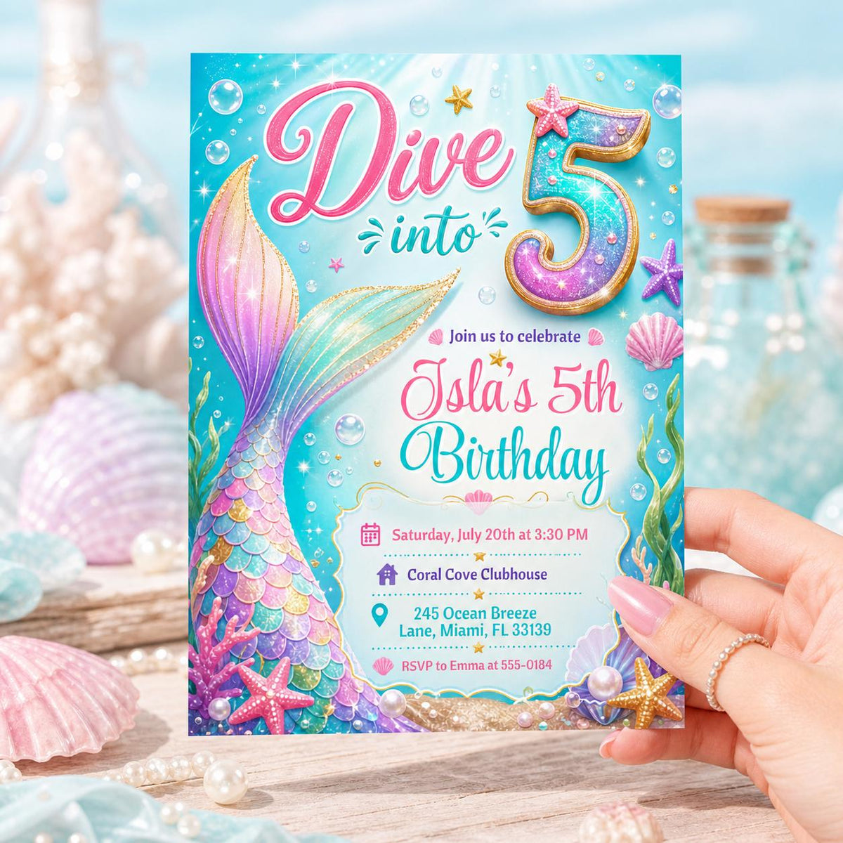 Dive into Five Mermaid Tail Birthday Invitation — glitter 5th birthday party design