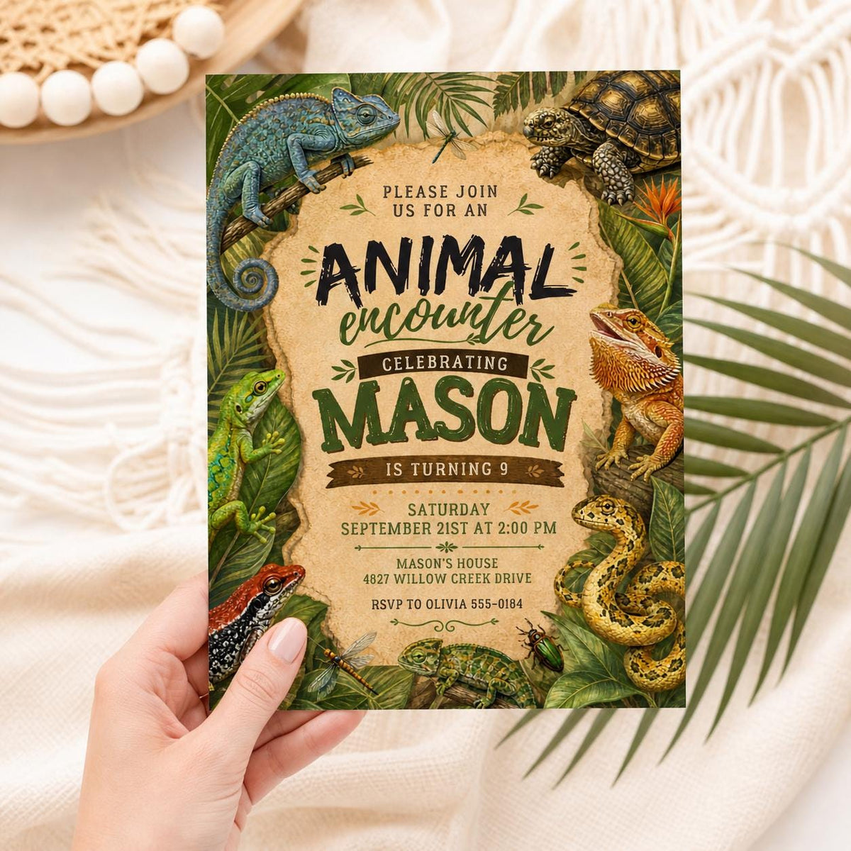 Animal Encounter 9th Birthday Invitation with Reptile Border — digital invitation, instant download