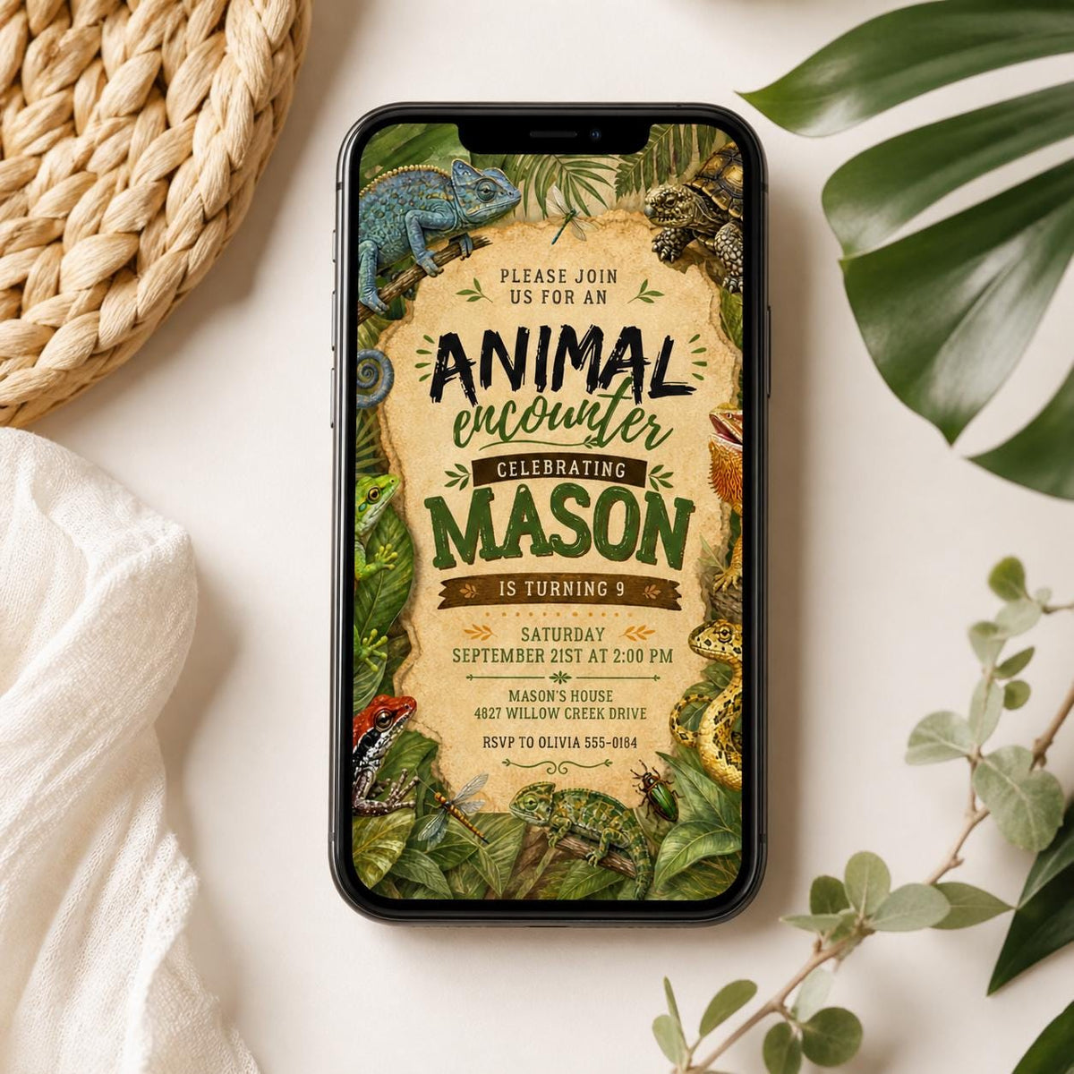 Animal Encounter 9th Birthday Invitation with Reptile Border — 9th birthday party stationery by VoltBy