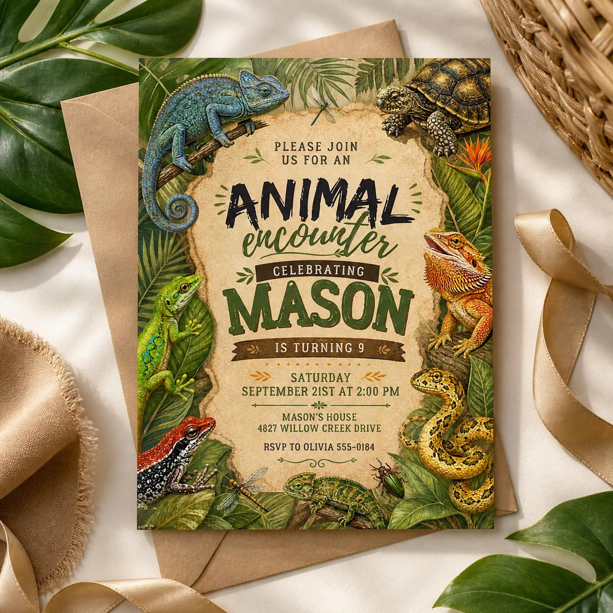 Animal Encounter 9th Birthday Invitation with Reptile Border in brown and cream