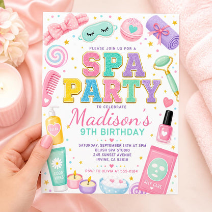 Pastel Spa Party 9th Birthday Invitation — invitation you personalize in Canva