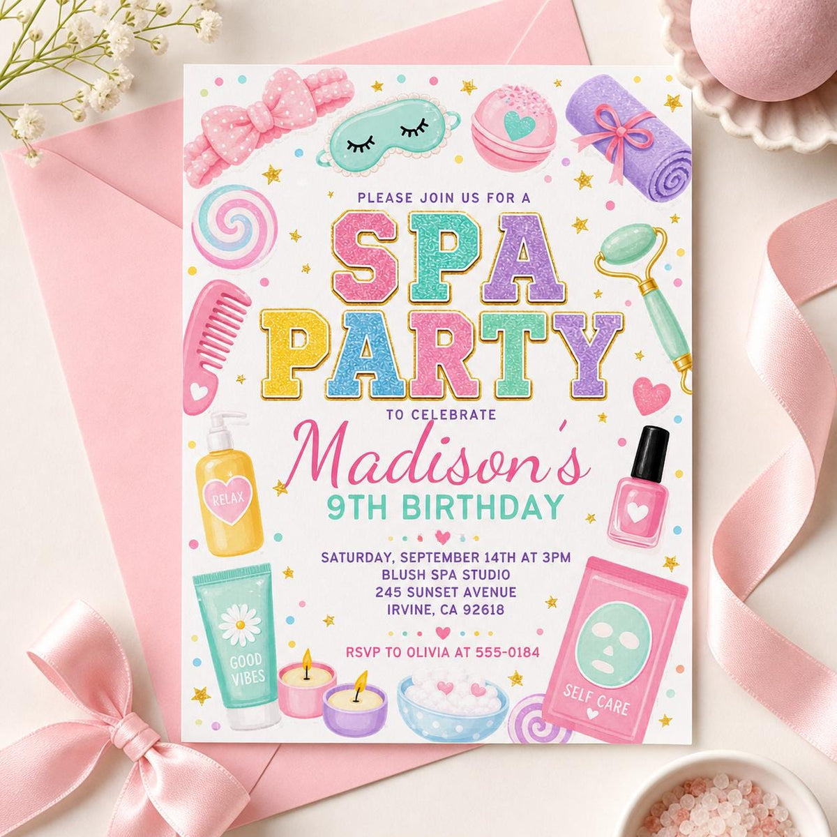Pastel Spa Party 9th Birthday Invitation in mint and pink