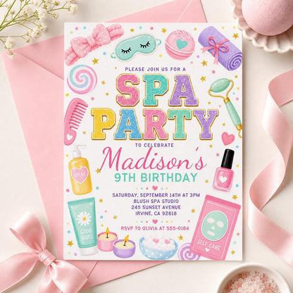 Pastel Spa Party 9th Birthday Invitation in mint and pink