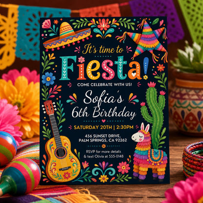 Black Floral Fiesta 6th Birthday Invitation in pink