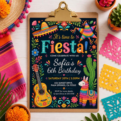 Black Floral Fiesta 6th Birthday Invitation — 6th birthday party stationery by VoltBy