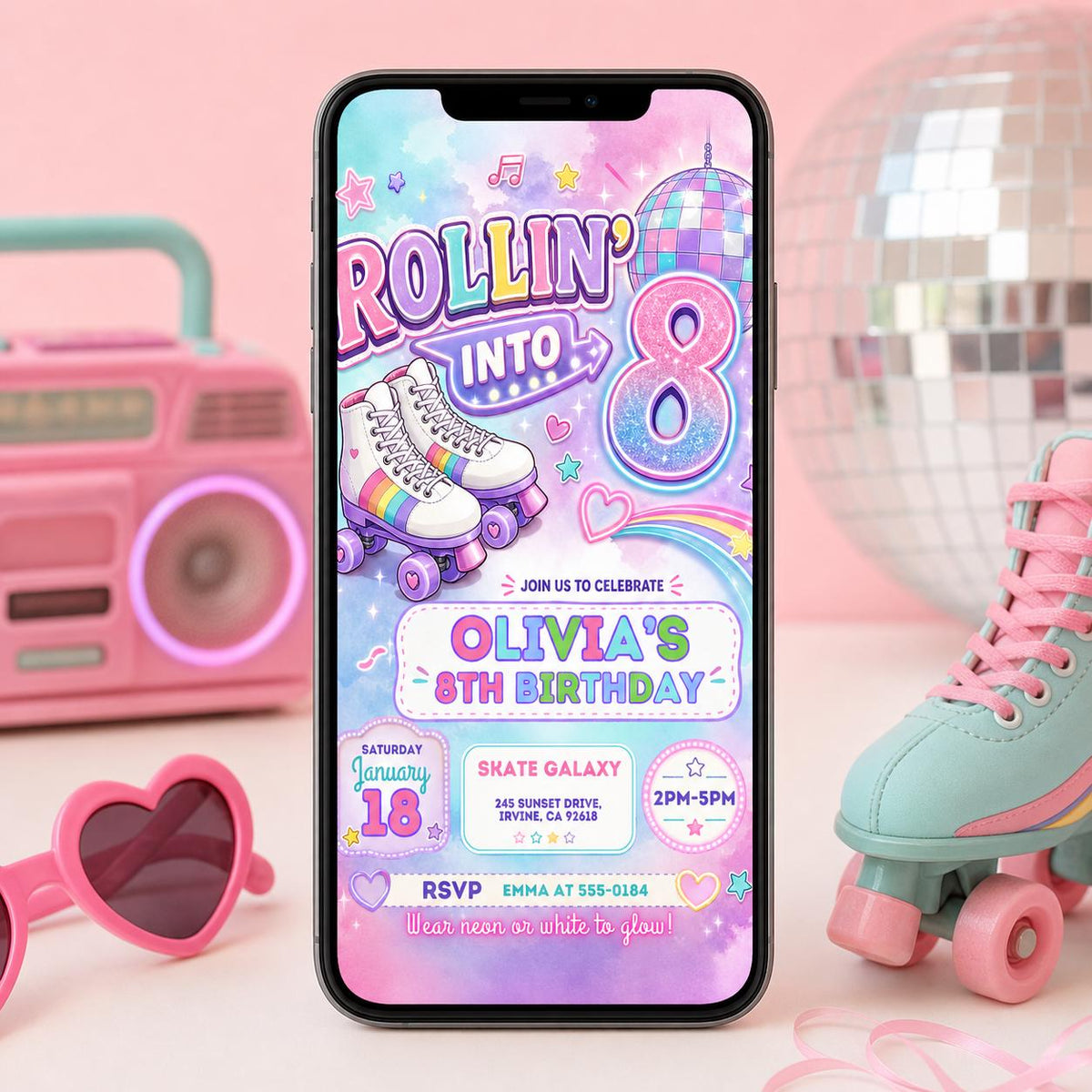 Pastel Roller Skate 8th Birthday Invitation with Disco Ball — digital invitation, instant download