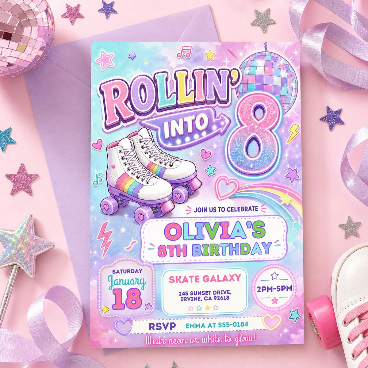 Pastel Roller Skate 8th Birthday Invitation with Disco Ball in pink and purple
