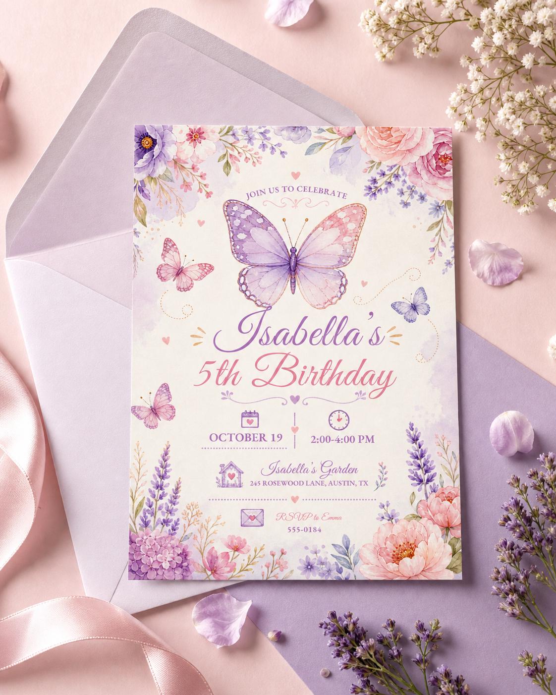 Watercolor Butterfly 5th Birthday Invitation with Lavender Flowers — invitation you personalize in Canva