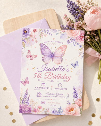 Watercolor Butterfly 5th Birthday Invitation with Lavender Flowers — 5th birthday party stationery by VoltBy