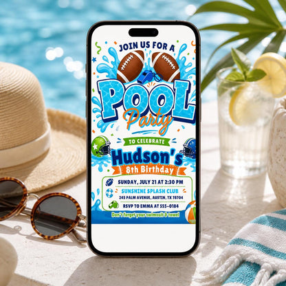 Football Pool Party Invitation, Pool Birthday Invitation, Football Invitation, Summer Birthday, Splash Theme Sports Invite, Editable Canva __etsy:7987874900