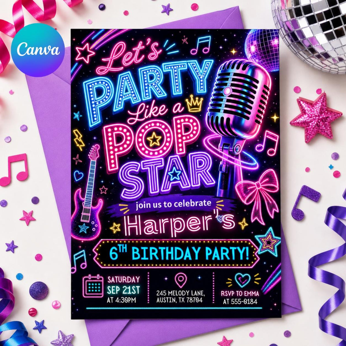 Neon Pop Star 6th Birthday Invitation with Microphone — editable Canva template