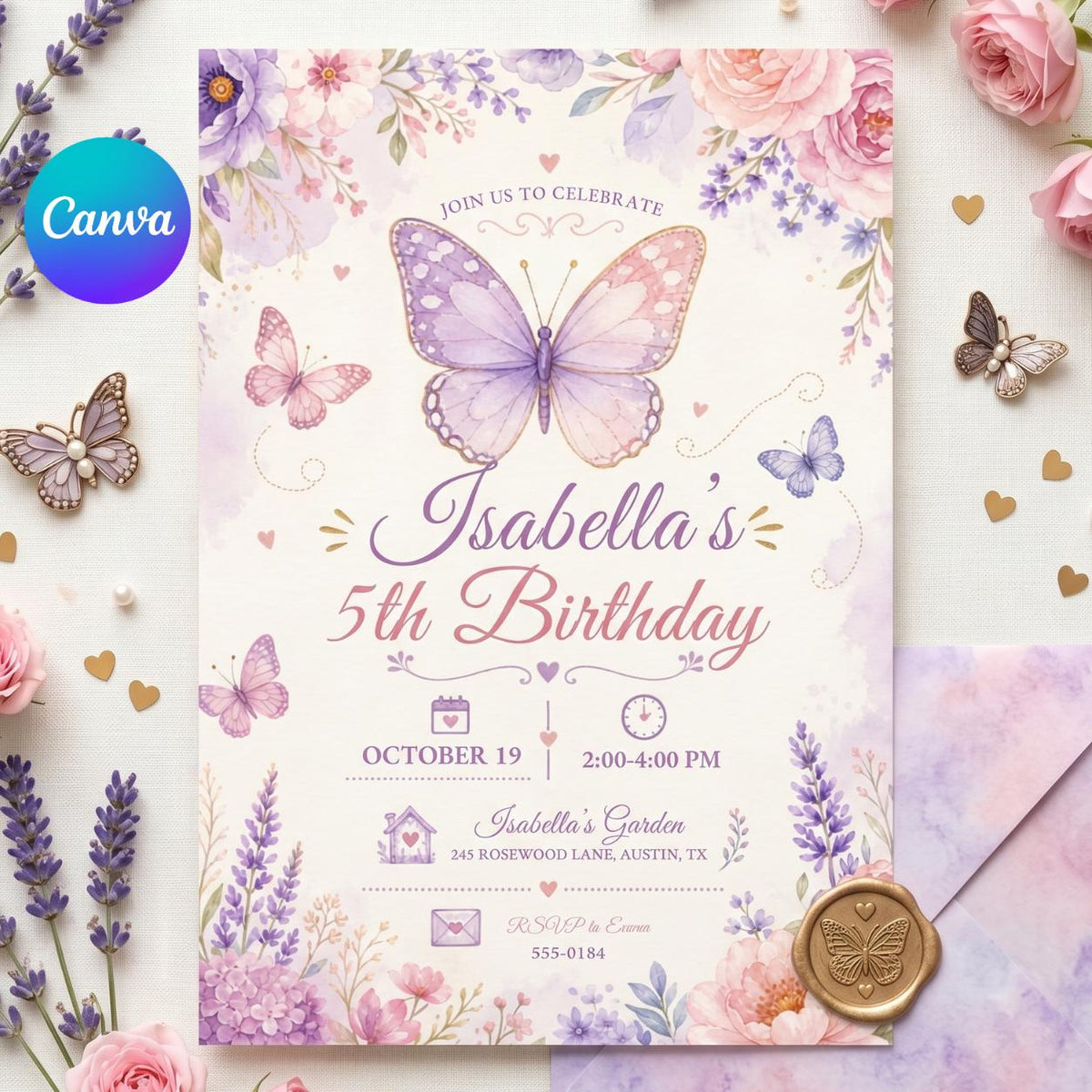 Watercolor Butterfly 5th Birthday Invitation with Lavender Flowers — editable Canva template
