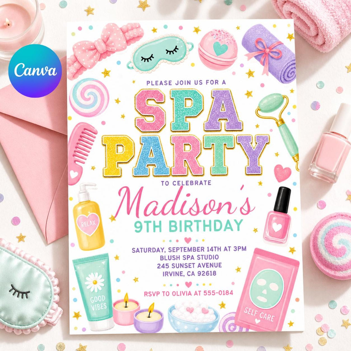 Pastel Spa Party 9th Birthday Invitation — editable Canva template