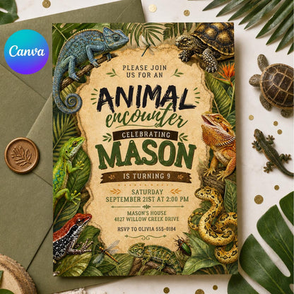 Animal Encounter 9th Birthday Invitation with Reptile Border — editable Canva template