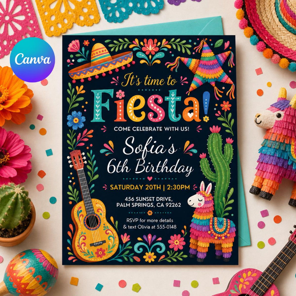 Black Floral Fiesta 6th Birthday Invitation — editable Canva template