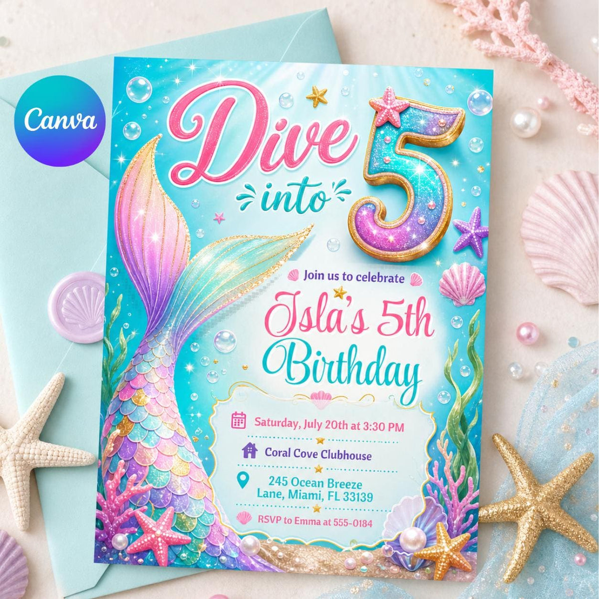 Dive into Five Mermaid Tail Birthday Invitation — editable Canva template