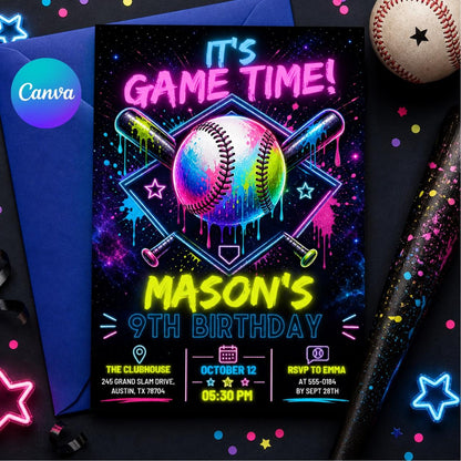 Neon Baseball 9th Birthday Invitation — editable Canva template