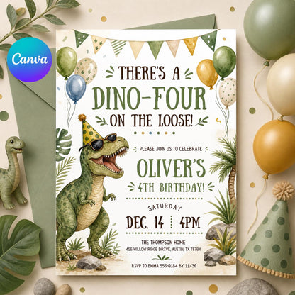Dino-Four 4th Birthday Invitation with Party Dinosaur — editable Canva template