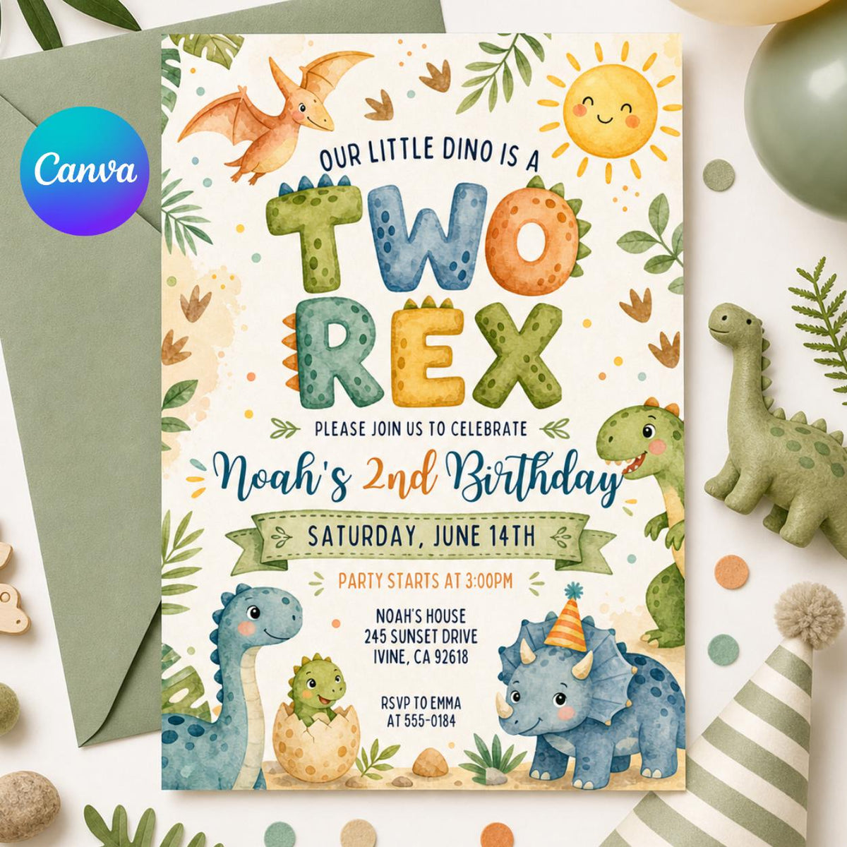Pink and Purple Pastel Dinosaur 2nd Birthday Invitation — editable Canva template