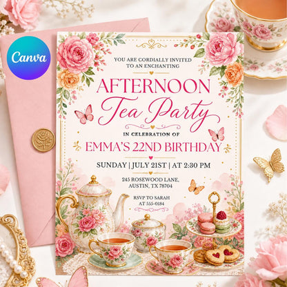 Floral Afternoon Tea 22nd Birthday Invitation — editable Canva template