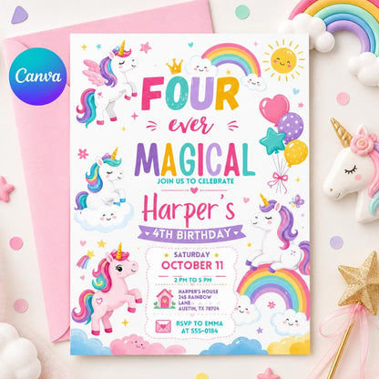 Four Ever Magical Unicorn Birthday Invitation — editable Canva template