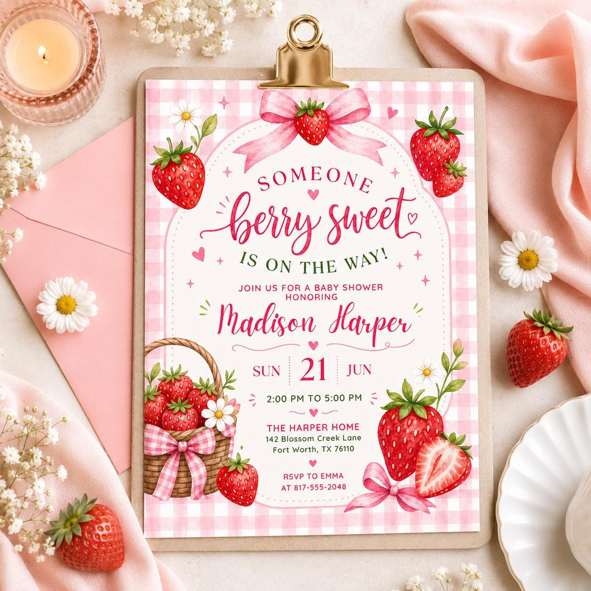 Strawberry Baby Shower Invitation with Pink Gingham — bow and daisy design