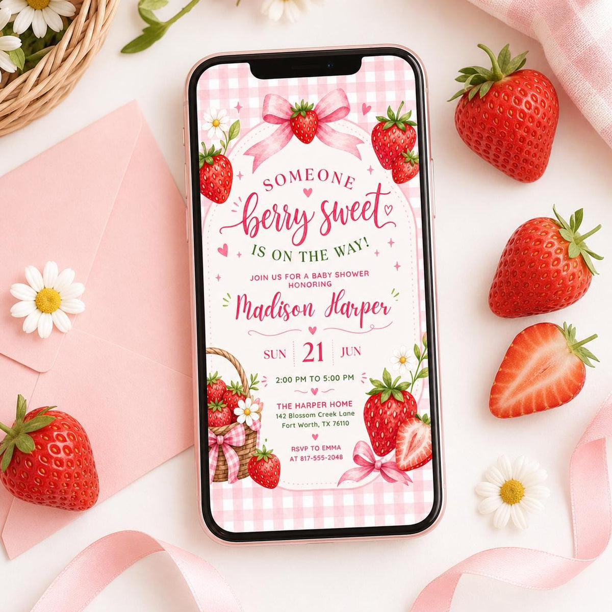 Strawberry Baby Shower Invitation with Pink Gingham — bow and daisy artwork in green
