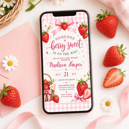 Strawberry Baby Shower Invitation with Pink Gingham — bow and daisy artwork in green