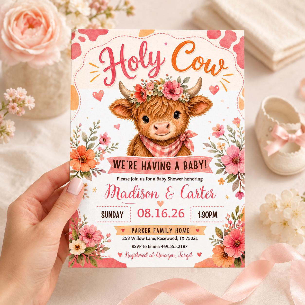Highland Cow Baby Shower Invitation: Editable Canva Template (Digital Download) __etsy:7991725366